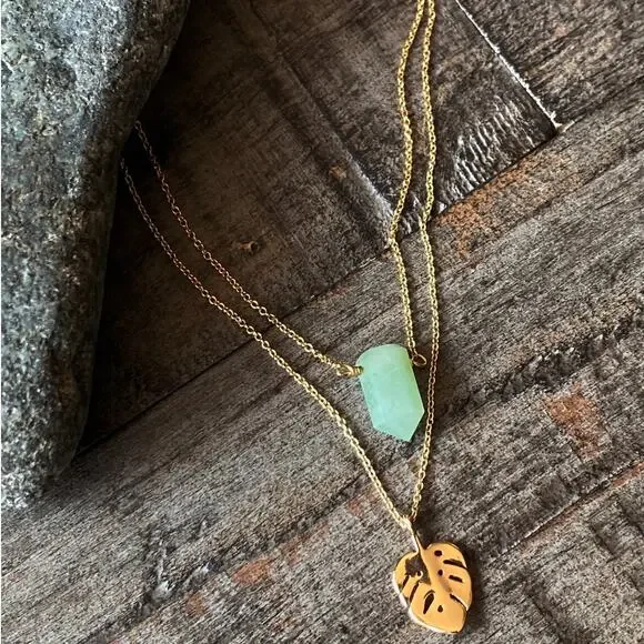NEW Free People x Luna Norte Green Aventurine & Leaf Layer Necklace - Picture 2 of 15